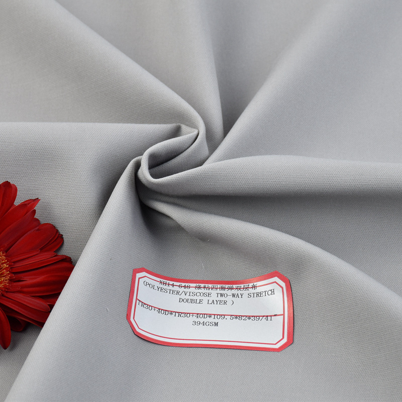 Polyester viscose elastic double-layer cloth polyester viscose four-sided elastic woven cloth diameter elastic weft elastic double elastic fabric tr30 + 40D high elastic