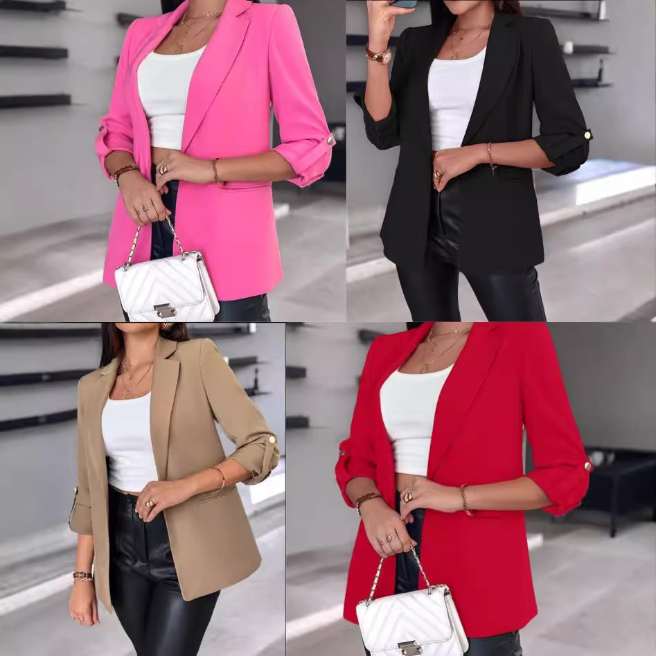 Cross-mirror European and American Women's 2024 Amazon Explosions Autumn New Long Sleeve Solid Color Pocket Cardigan Small Suit Jacket