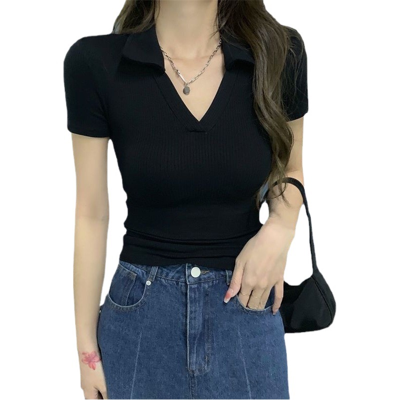 Hot Girls Slim-fit V-neck Slim-fit Polo Shirt Women's Summer New French Style Short-sleeved Top Base Knitted T-shirt