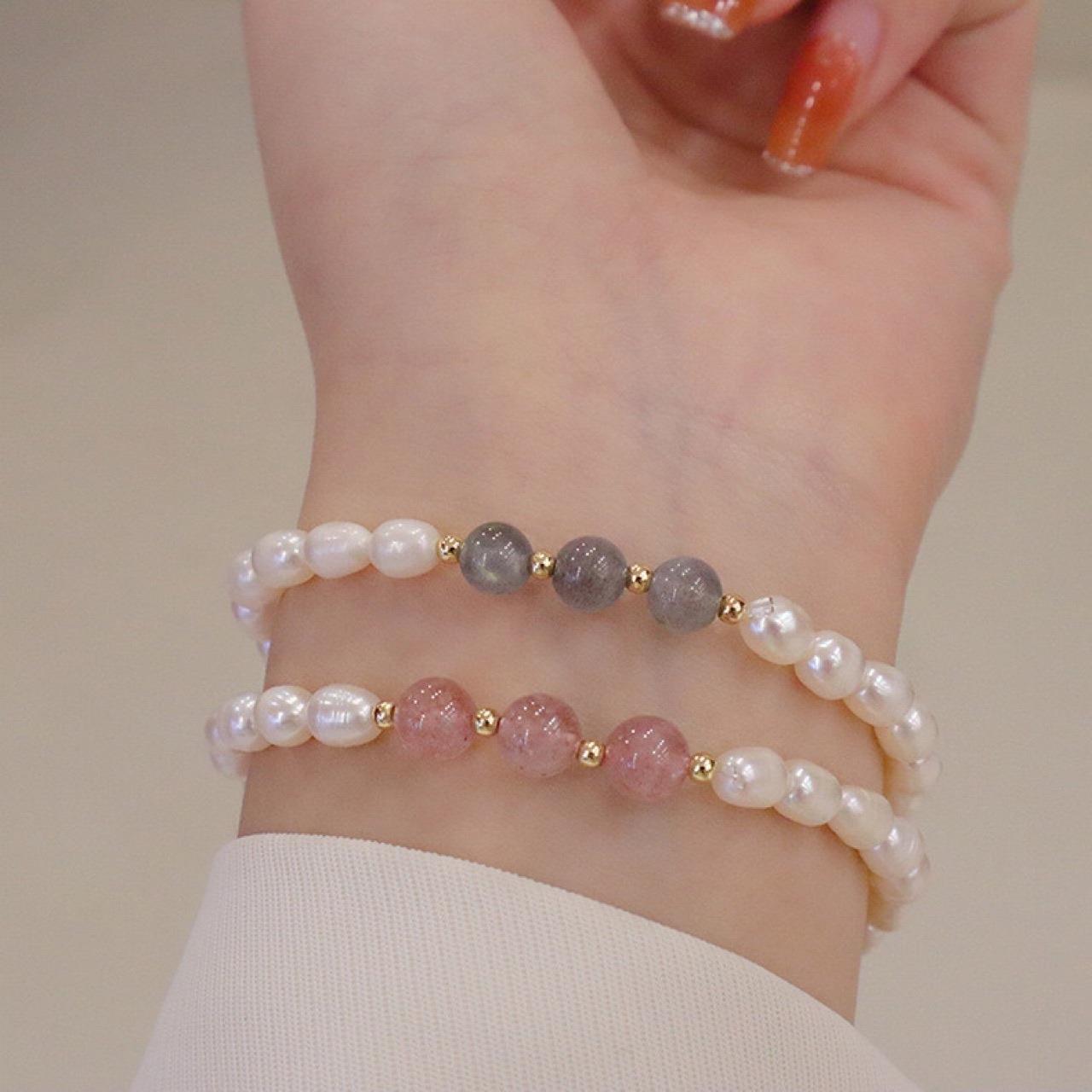 Natural Freshwater Pearl Simple Fashion Small Rice Beads Pearl Bracelet Temperament All-match Strawberry Crystal Blue Moonlight Bracelet for Women