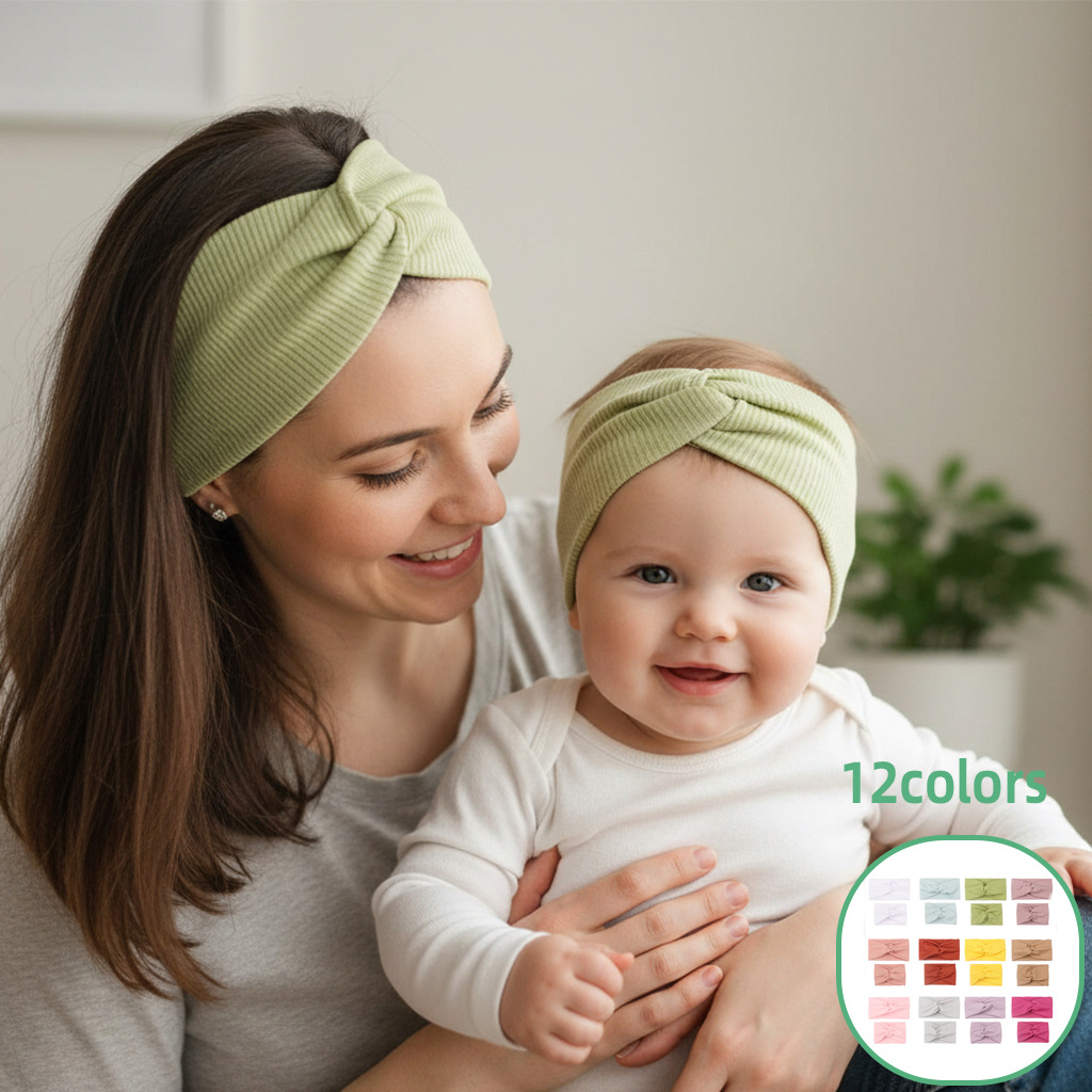 European and American summer new parent-child solid color cross stripe headband soft and comfortable knotted hair band hair accessories two-piece