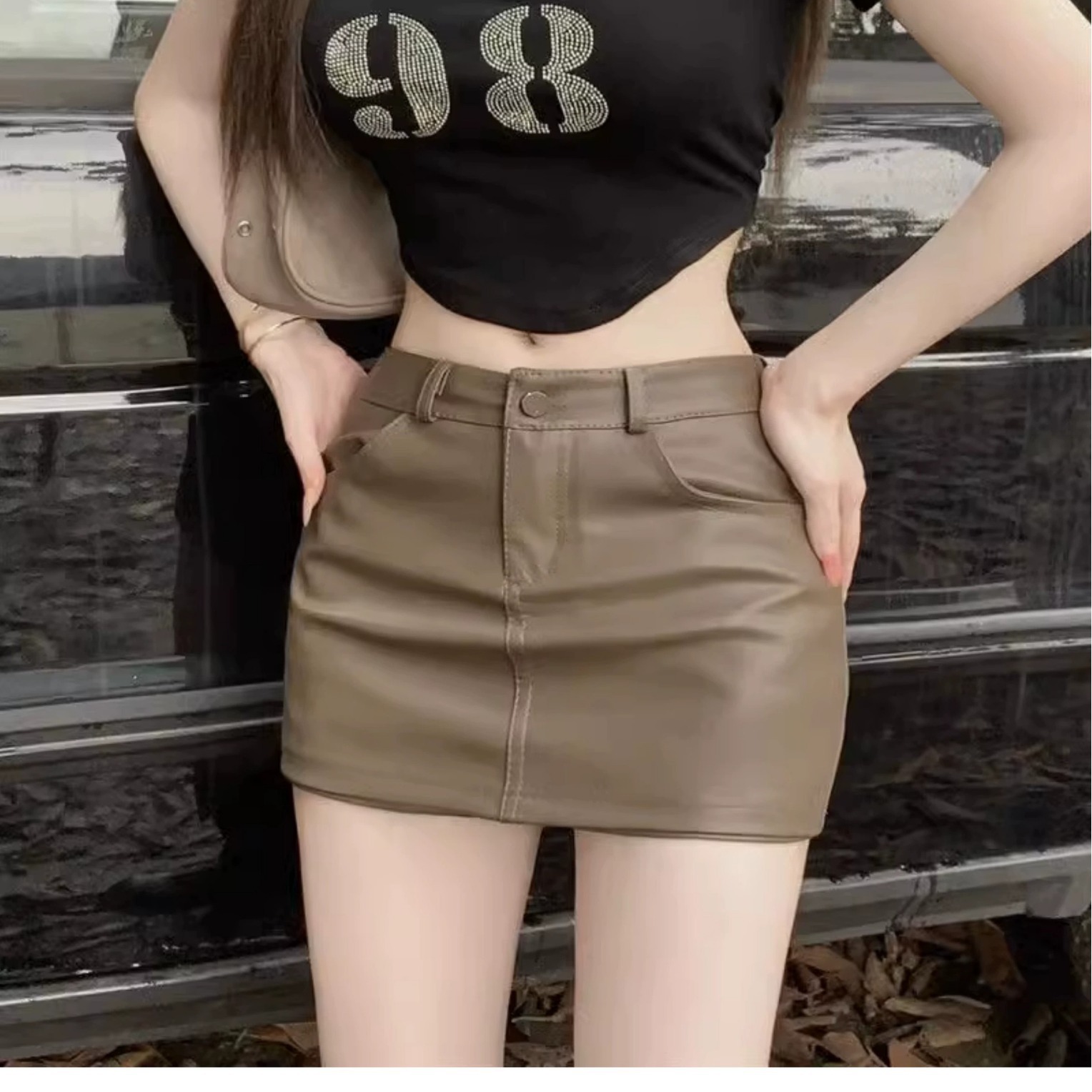 brown vintage pu leather skirt women's 2024 skirt women's autumn and winter high waist slim hip leather skirt A- line skirt trouser skirt