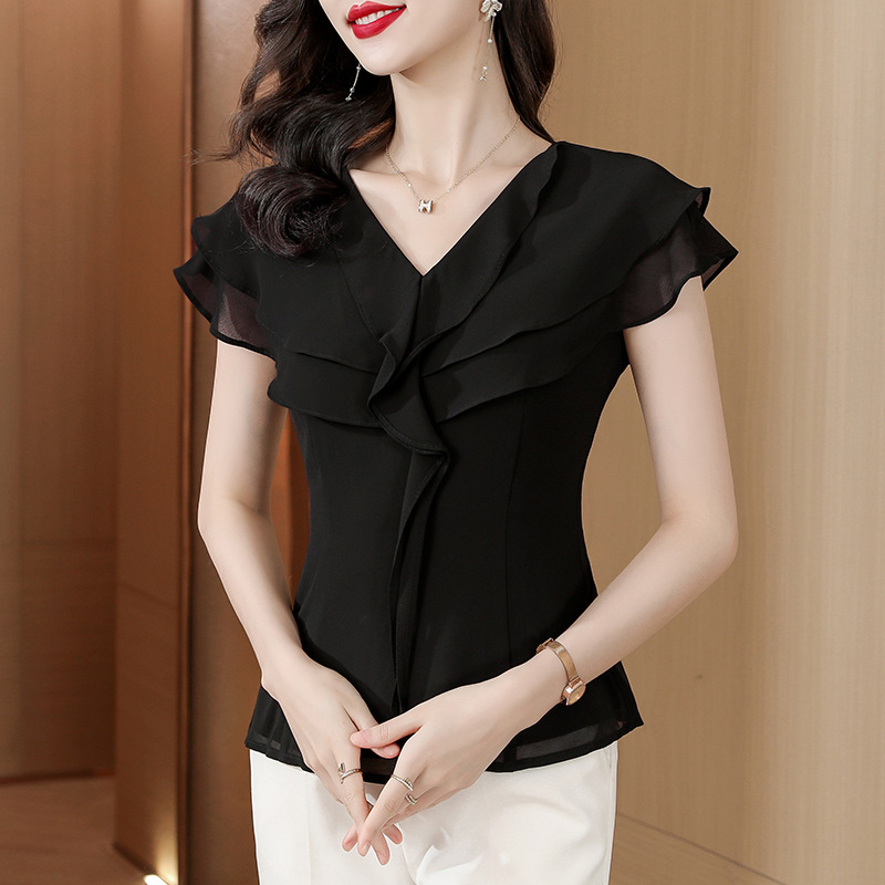 Picture of European Station 2025 Summer Printed Chiffon Shirt Top Women's Ruffled Slim-looking Flesh-covering Base Shirt Chic Shirt