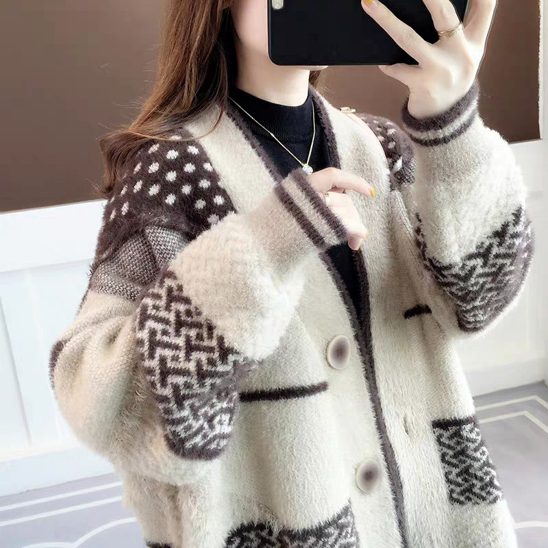 Picture of Mink velvet knitted cardigan coat spring and autumn 2024 new women's loose outer wear lazy style women's sweater