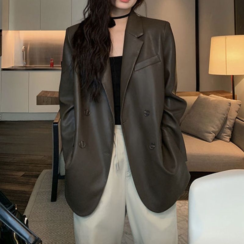 Picture of Suit Leather Jacket Women's Design Sense Niche PU Leather High-end Sense Fried Street Loose Casual Black Elegant Suit Fashion