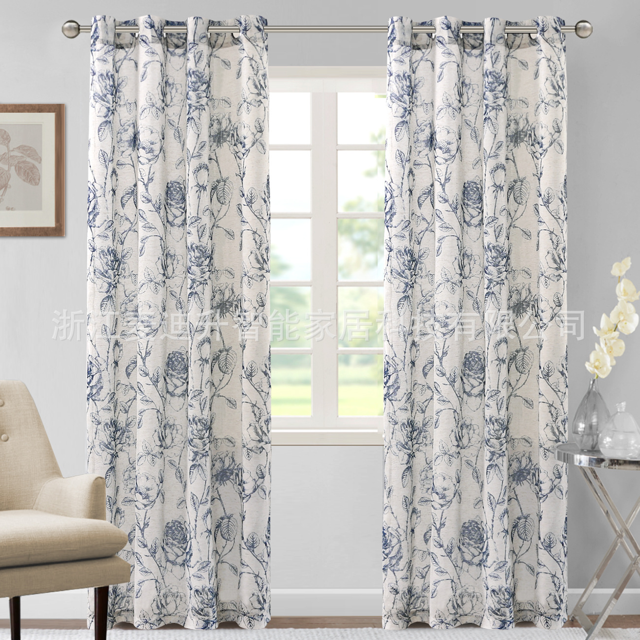 Cross-border Amazon Hot Sale Linen Yarn Printing Sketch Painting Ring Modern Simple Semi-shading Light Luxury Finished Curtain