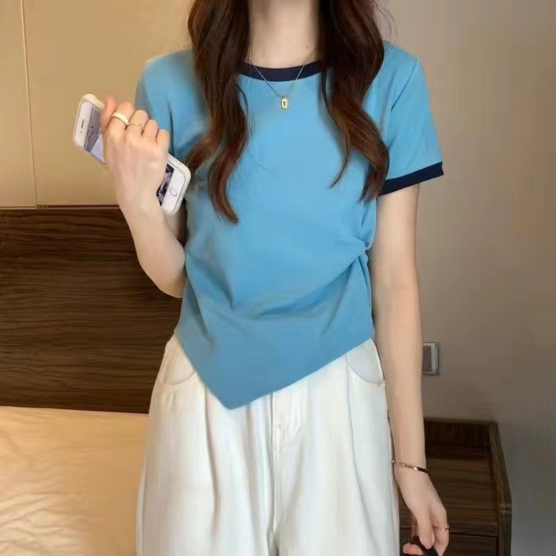 Picture of Short-Sleeved Women's Design Contrasting Color T-Shirt 2025 New Summer Fashion Chic Asymmetrical Short Student Top