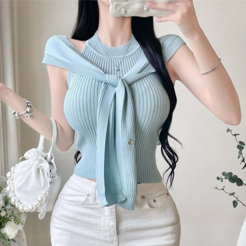 South Korea's new women's temperament versatile shawl design + sleeveless vest knitted two-piece top