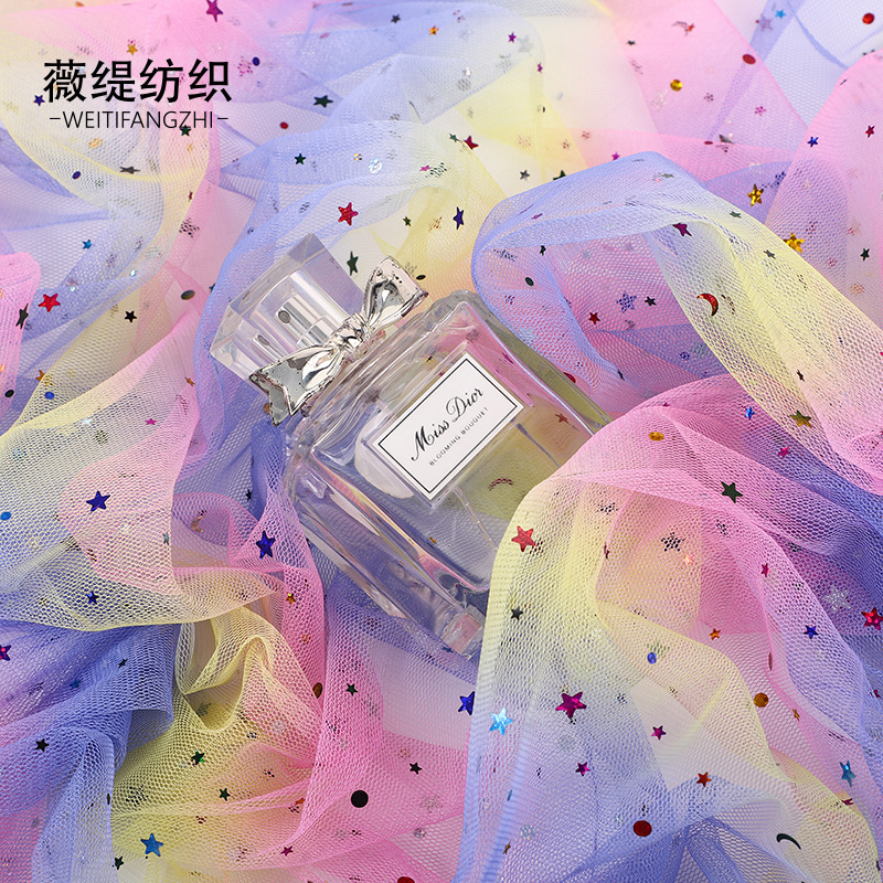 Picture of Rainbow Star and Moon Mesh 36A Sequin Glitter Fabric Ins Background Soft Gauze Performance Dress Princess Dress Mesh Fabric