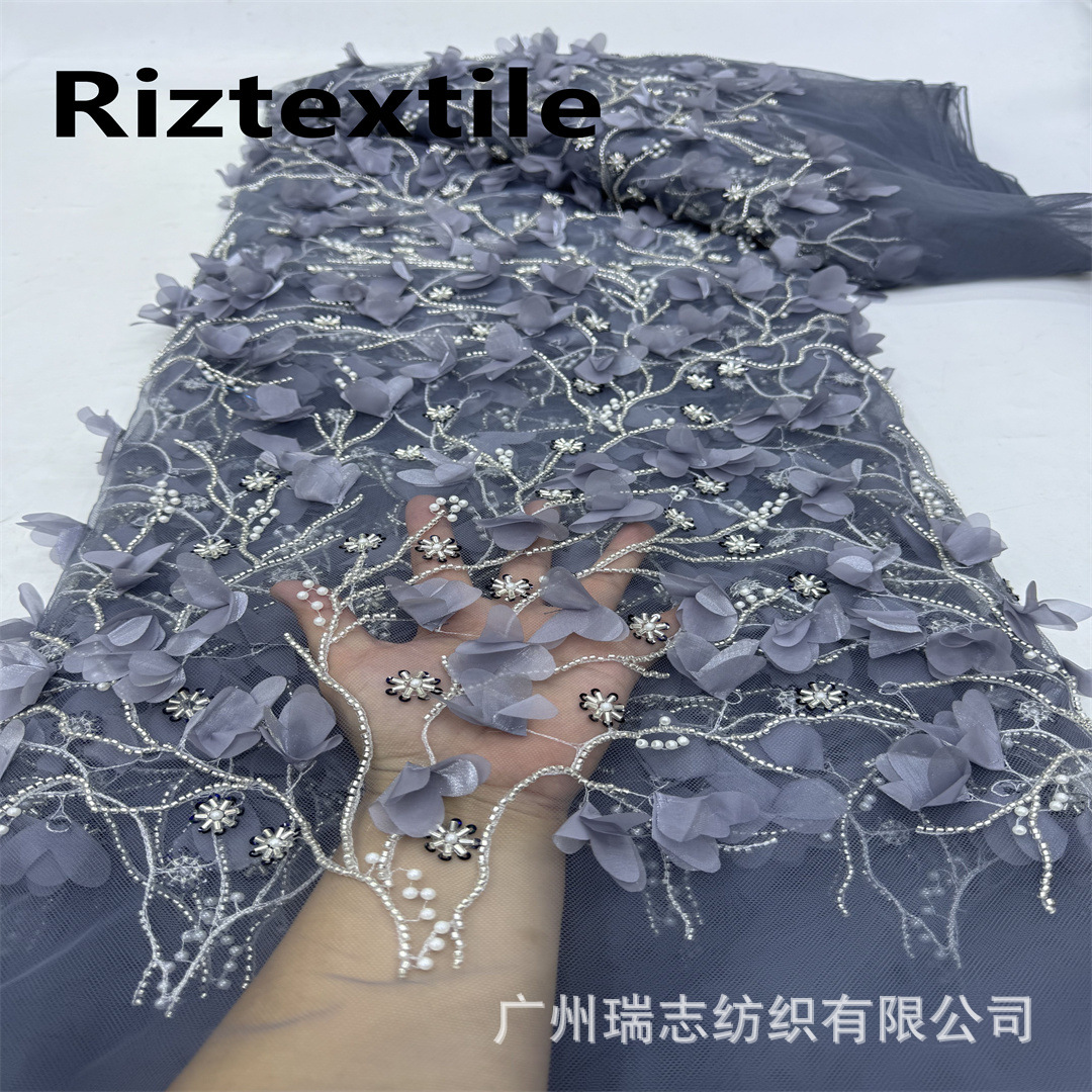 Autumn and winter new plant flower chiffon three-dimensional flower nail bead fabric European and American style dress dress embroidered cloth LACE