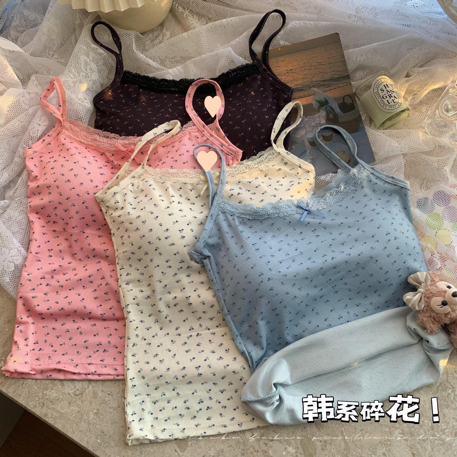 Sweet Spice Girl Blue Lace Camisole Women's Summer Bm Floral Inner Base Short Top with Chest Pad
