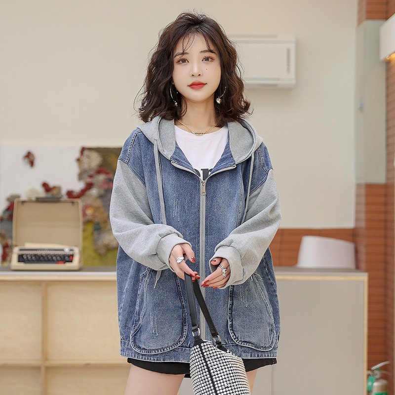 Picture of Hooded Denim Jacket for Women 2025 Spring & Fall New Style Splicing Loose Large Size Short Zipper Spring Top for Small People