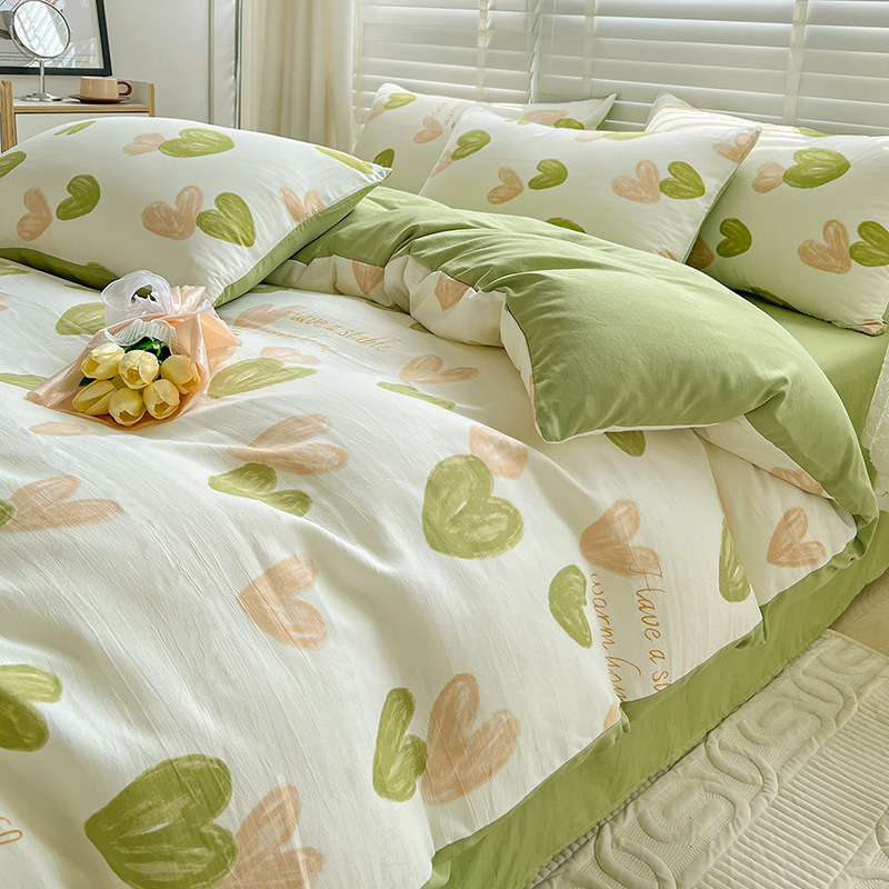 Picture of Class A Washed Double Yarn Cotton and Linen Four-piece Bed Sheet Cover Cover Three-piece Machine Washable Single and Double Bed Top Supplies