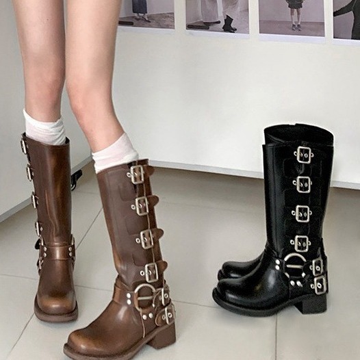 High Boots 2024 New Square Head Sleeve Motorcycle Boots Retro Western Cowboy Boots Trendy