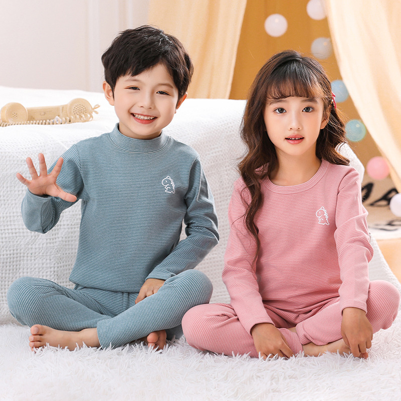Picture of Children's double-sided brushed plush Long Johns boys and girls winter thermal underwear suit mid-collar bottoming striped pajamas
