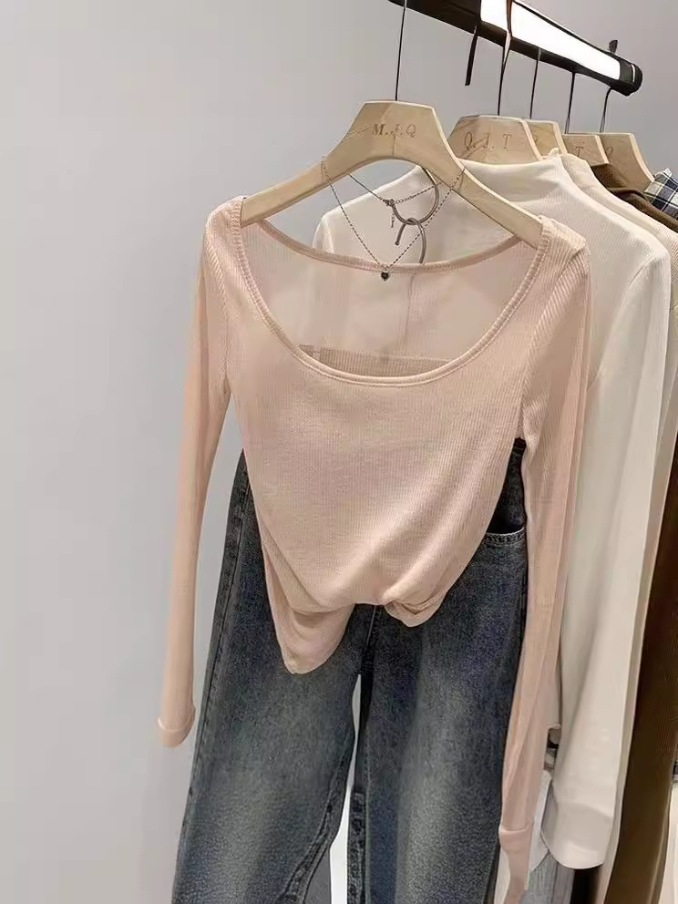 Women's Spring and Autumn 2024 Sexy Spice Girl Micro-transparent Base Shirt Slim-fit All-match Top