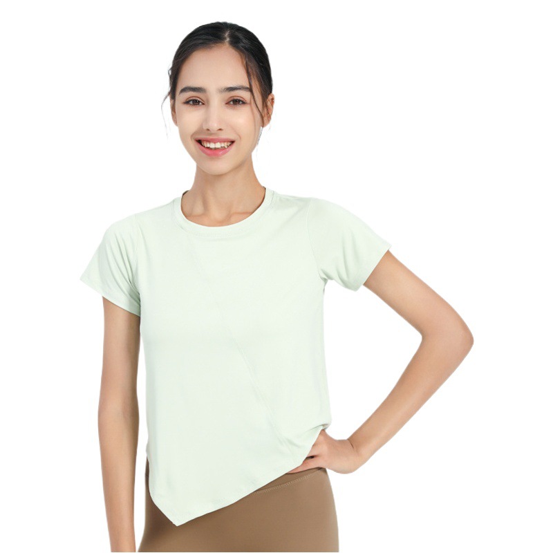 Picture of Big Sale Summer Loose Fitness Sports Short-Sleeved Women's T-Shirt European and American Pure Color Quick-Drying Asymmetrical Yoga Top Cover-Up