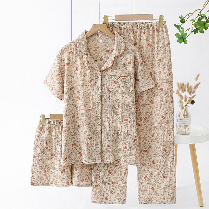 Pajamas Women's Summer Cotton Cotton Crepe Lapel Short-sleeved Trousers Shorts Home Clothes Three-piece Set
