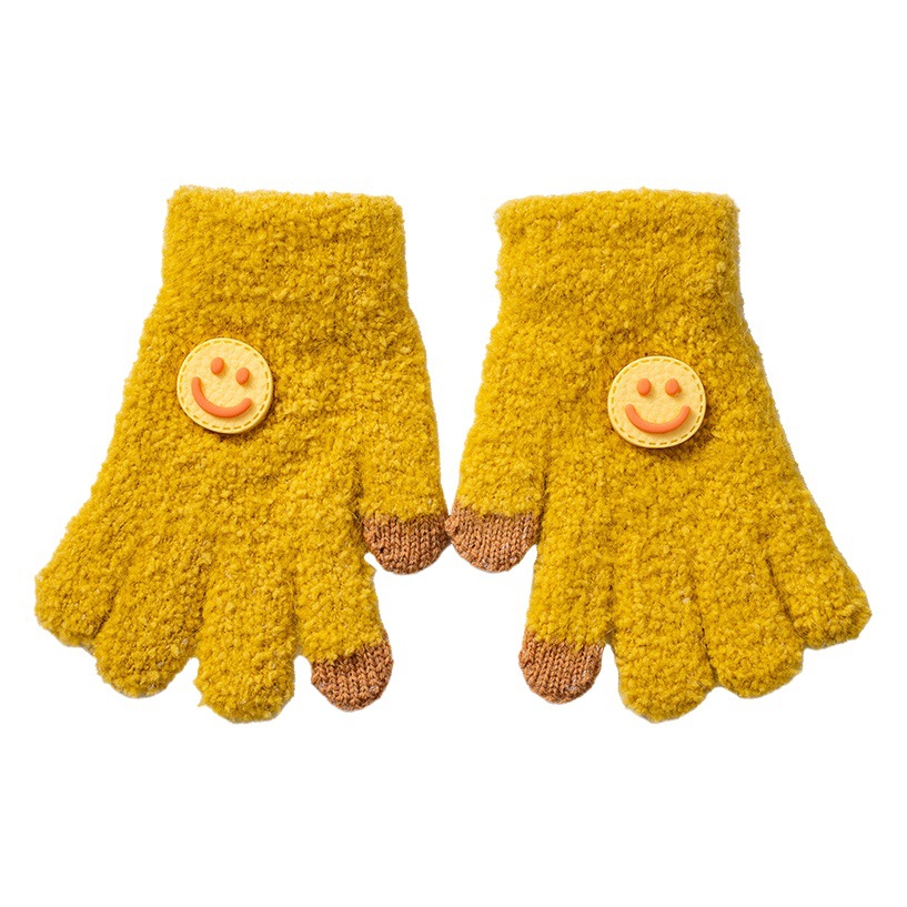 Autumn and Winter New Children's Gloves Girls' Cold-proof Warm-keeping Boy's Smiling Face Buckle Baby's Five-finger Wool Knitted Gloves