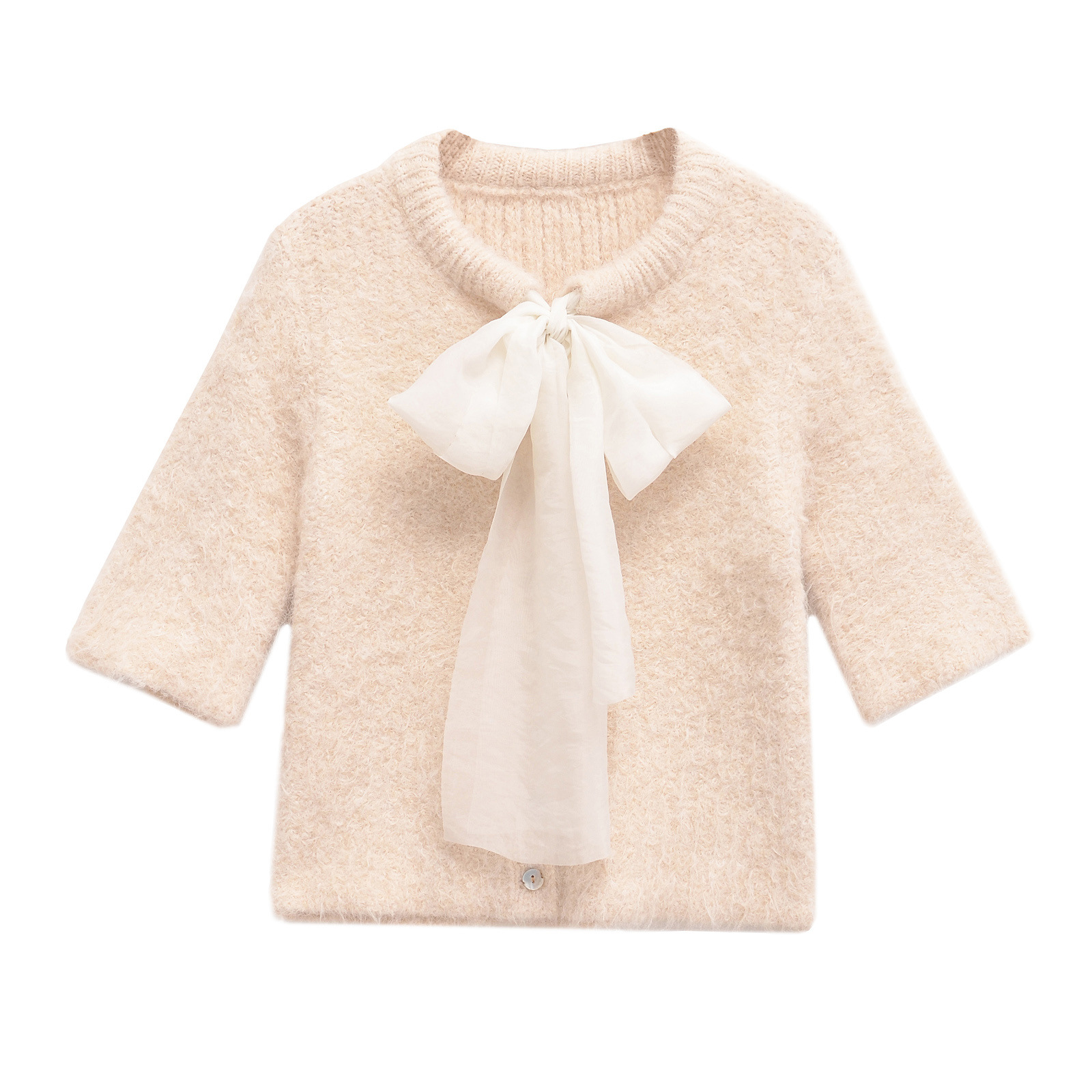 ZA cross-border women's clothing wholesale European and American style gentle sweet round neck bow tie short sleeve sweater 2756126
