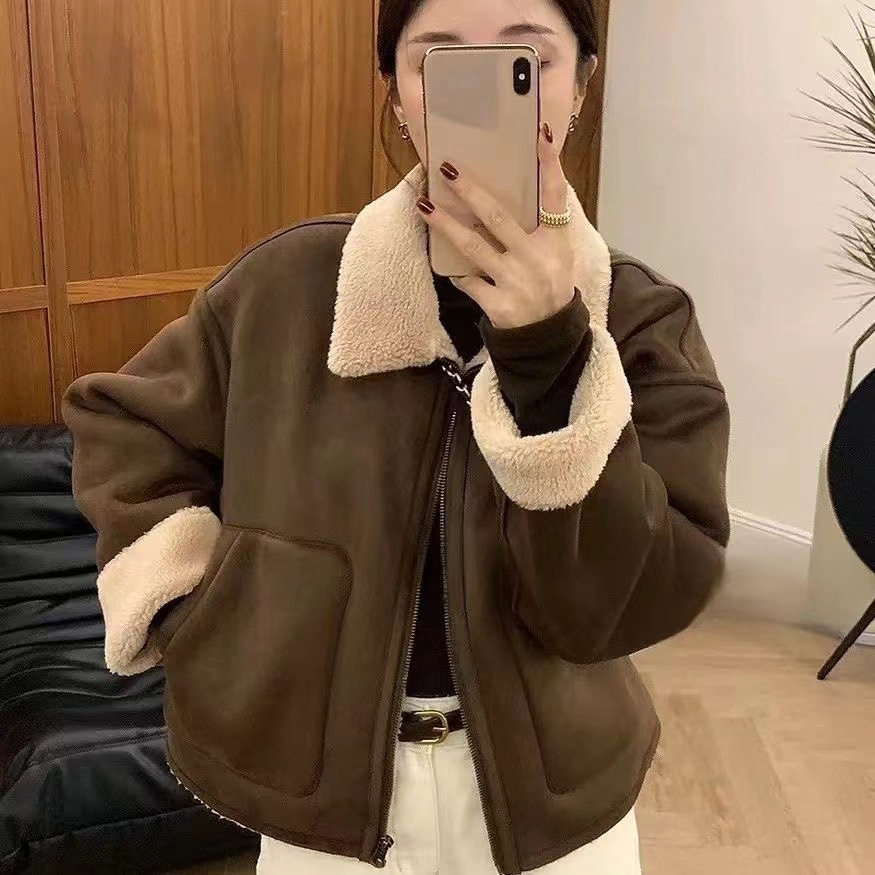 European High-grade Sense Fur One-piece Lambswool Coat Women's Autumn and Winter Thickened Lapel Biker Jacket Top