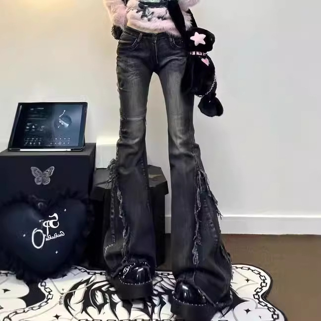 2024 New Spice Girls Micro-flared Jeans Design Sense American-style High Street Vibe Trousers Slim Look All-match Micro-lam Pants