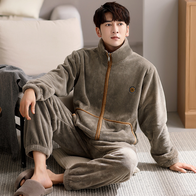 Pajamas Men's Coral Fleece Thickened Fleece-Lined Autumn and Winter Collar Sports Teenagers Can Wear Outdoor Home Suit