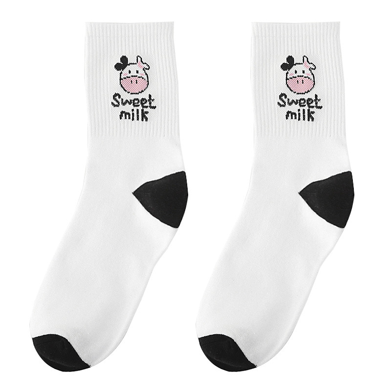 Picture of Socks Women's Spring and Summer Classic Black and White Cow Japanese Style Mid-Tube Socks Harajuku Distinctive Fashionable Socks Ins Sports Skate Socks