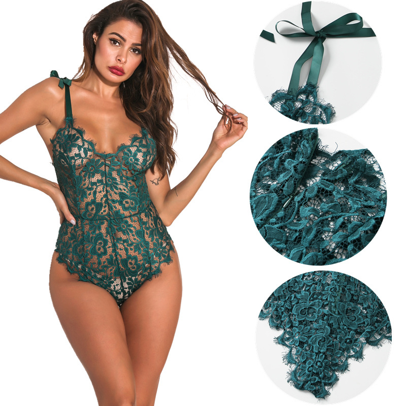 European and American Style Eyelash Lace Bodysuit, Tight-Fitting Sexy Lingerie, See-Through Erotic Lingerie Set