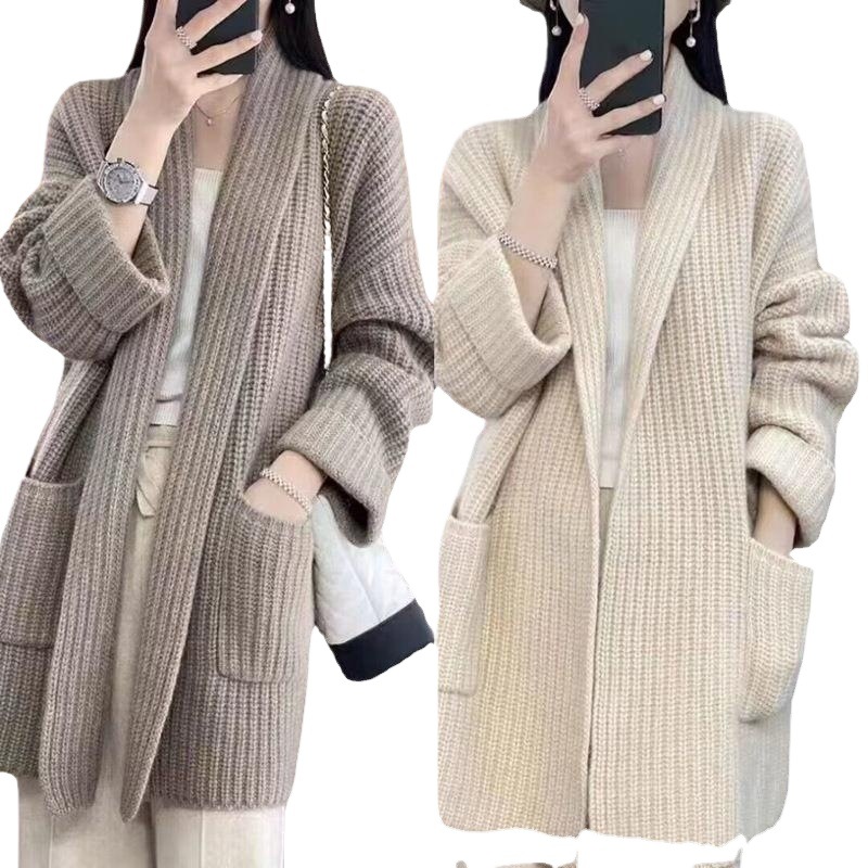 Picture of Korean style autumn and winter lazy style thick line plus size sweater cardigan elegant mid-length loose knitted thickened coat for women