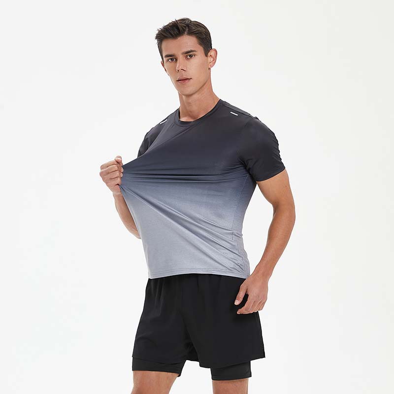Summer men's sports leisure fashion gradient short sleeve top fitness running quick dry T-shirt in stock printed logoA brand