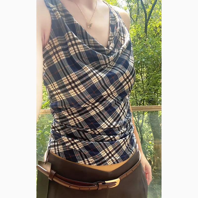 Cross-border Foreign Trade American Spice Girl Plaid Sling Collar Camisole Women's Summer Sleeveless Short Top Slim-fit Foreign Trade