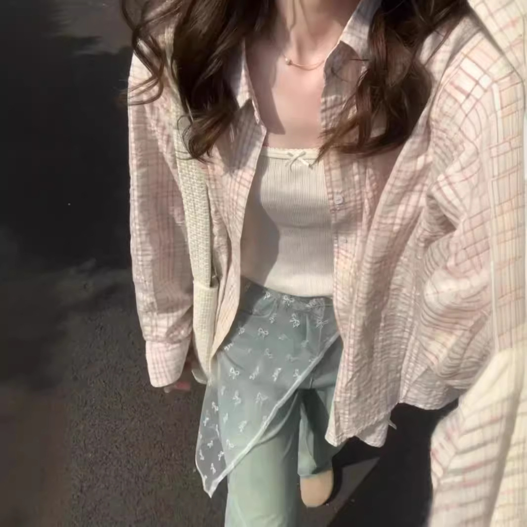 Pink Sweet Style Salt Plaid Shirt Coat Women's Summer Design Sense Niche Loose Sun Protection Cardigan Top Trendy