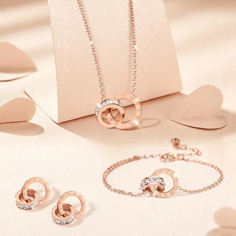 Picture of Double ring Roman digital inlaid zircon jewelry suit fashion stainless steel bracelet bridal earrings Jewelry necklace three pieces