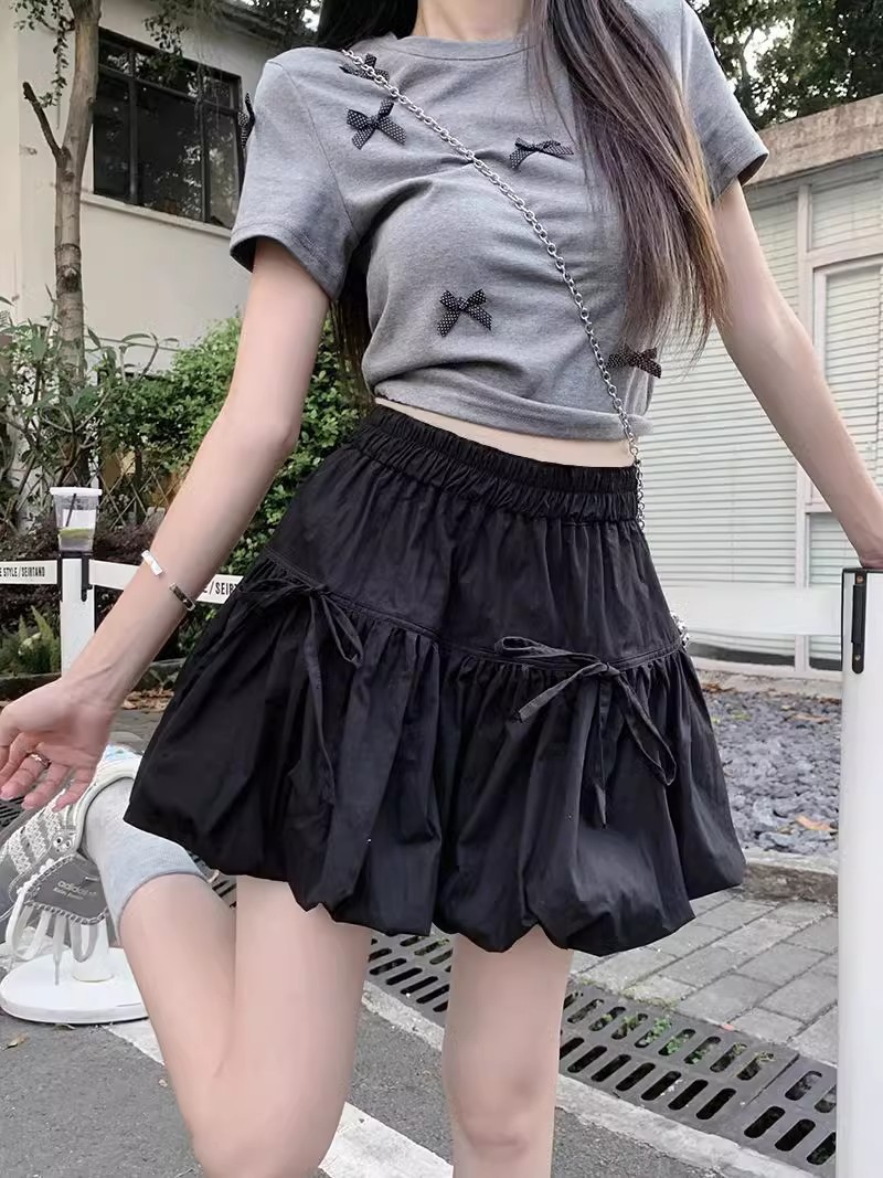 Bow Bud Skirt Women's Summer 2025 New Spring and Autumn Small A- line High Waist Cake Puffy Skirt