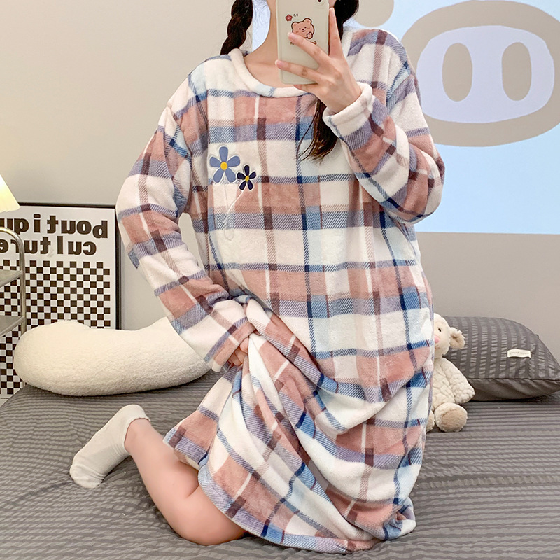 Flannel Pajamas Women's Autumn and Winter Cute Han Feng ins Plaid Long-Sleeved Mid-Long Velvet Nightgown Outwear