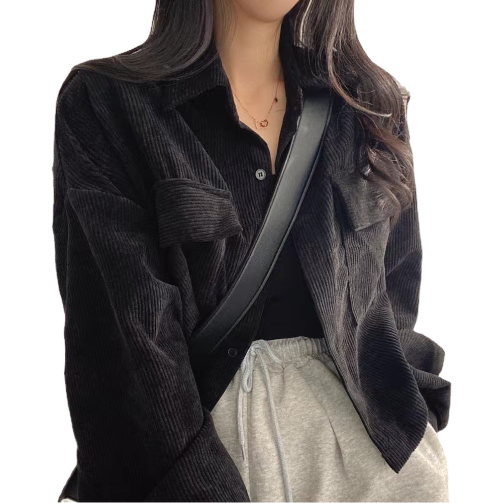 Women's autumn new French retro all-match single-breasted lapel corduroy shirt loose long sleeve coat women's fashion
