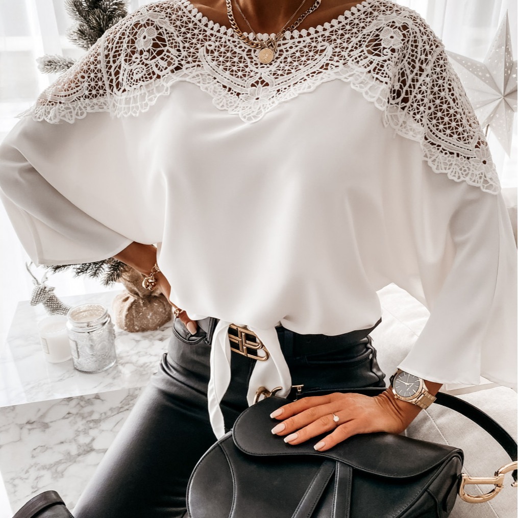 2020 independent station wish Amazon Europe and the United States cross-border loose solid color long sleeve lace lace large size women's shirt