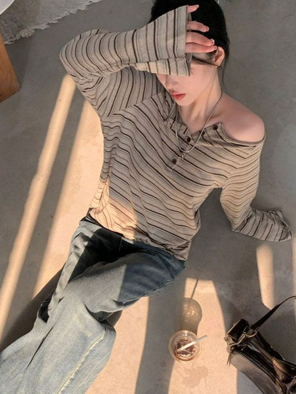 American Spice Girl One-Shoulder Loose Striped Long Sleeve T-Shirt Women's 2025 Spring and Autumn New Base Dress Off-the-Shoulder Top