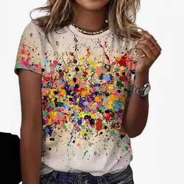 Temu2023 New 3D DigiTal PrinTing European anD American Cross-borDer Women's CloThing AsymmeTrical RounD Neck ShorT-sleeveD T-shirT FacTory Wholesale