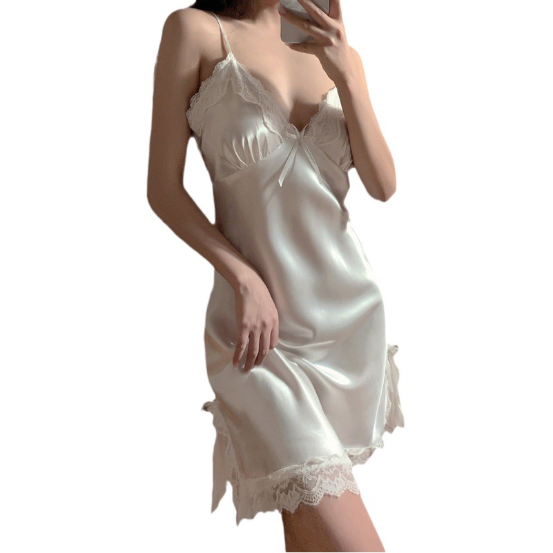 2025 Live Broadcast New Ice Silk Sexy Suspender with Breast Pads Nightgown Women's Lace Pure Desire Sexy Home Clothes