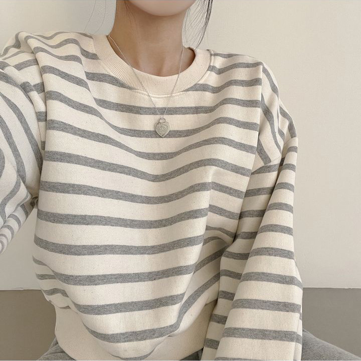 Picture of 3 Color Striped Sweater Women's 2023 New Short Women's Loose Autumn and Winter Thickened Fleece-Lined Top Thin Korean Style