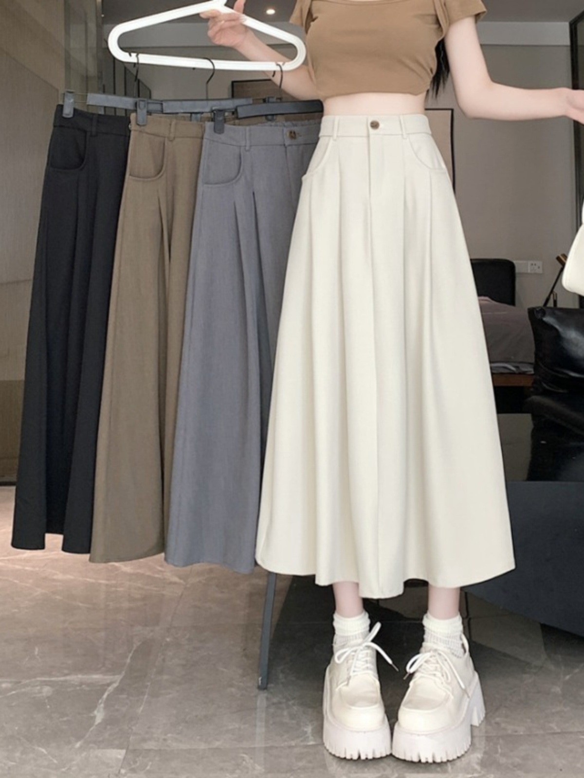 Spring and Autumn New Drape Suit Fabric Skirt Women's Casual A-Line Skirt High Waist Slimming Student Korean Style Long Skirt