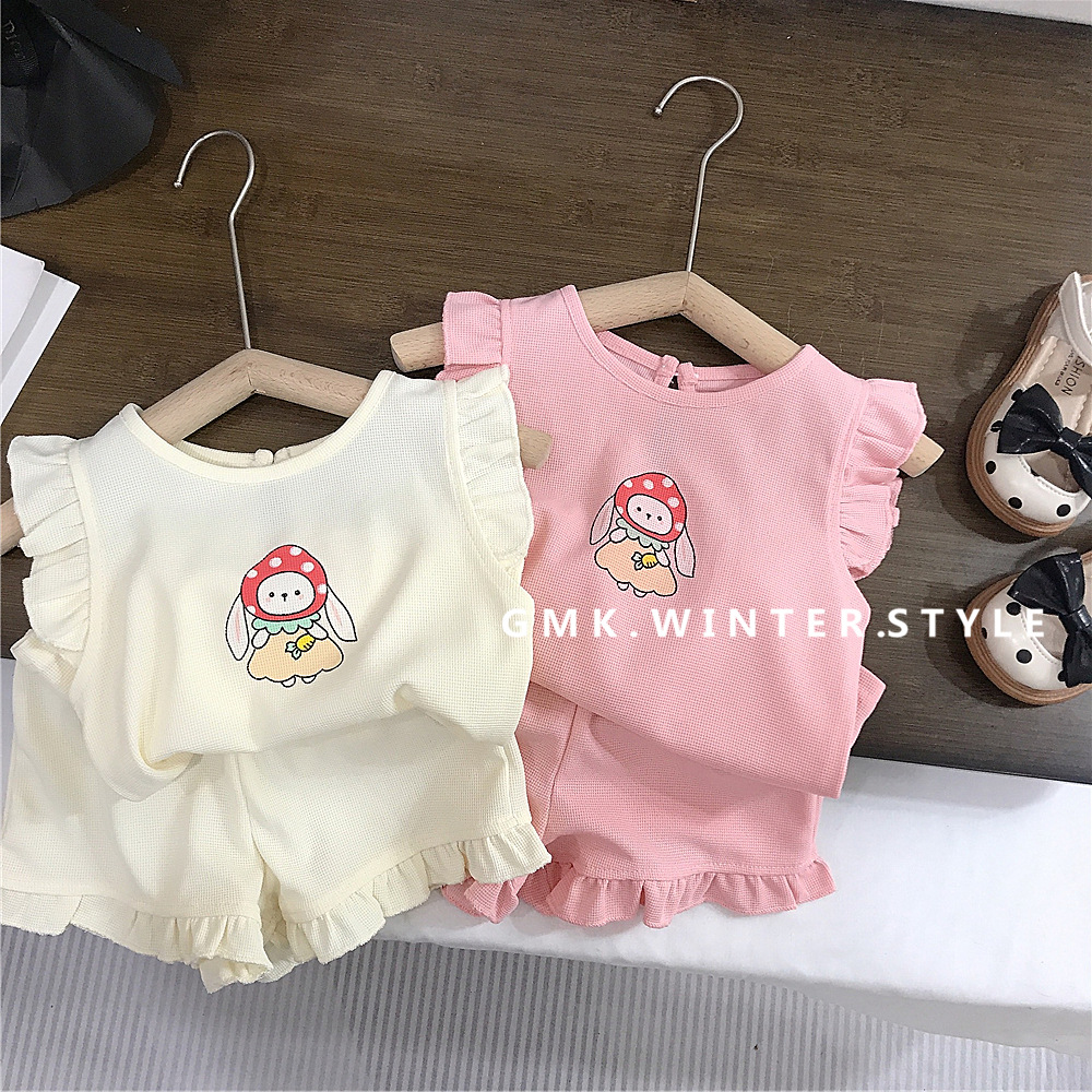 Girls' suit Summer New Style Fashionable Children's Wear Baby Girls' Flying Sleeve Shorts Children's Two-piece Set Thin Foreign Trade