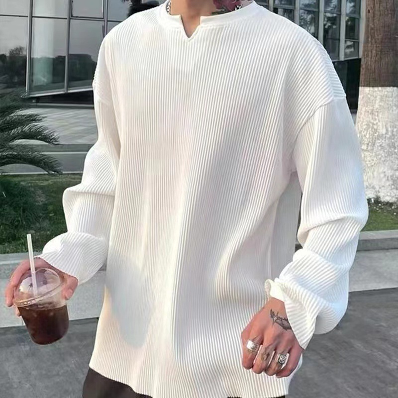 2024 Foreign Trade Advanced Sense V-Neck Pleated Draped Long-Sleeved Men's plus size Loose Casual Sports Fitness Bottoming Clothes