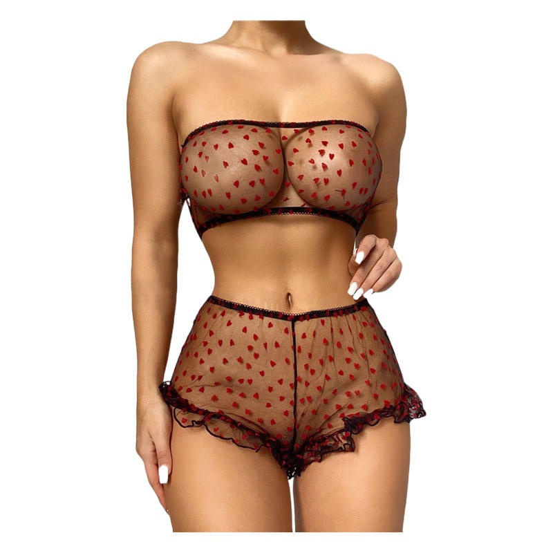 Cross-border supply of European and American foreign trade sexy underwear sexy women's mesh love perspective underwear two-piece wholesale