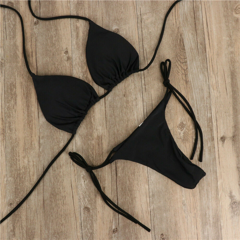 New European and American Bikini Swimwear Solid Color Foreign Trade Three-Point Sexy Swimsuit Women's Split Adjustable Lace-Up