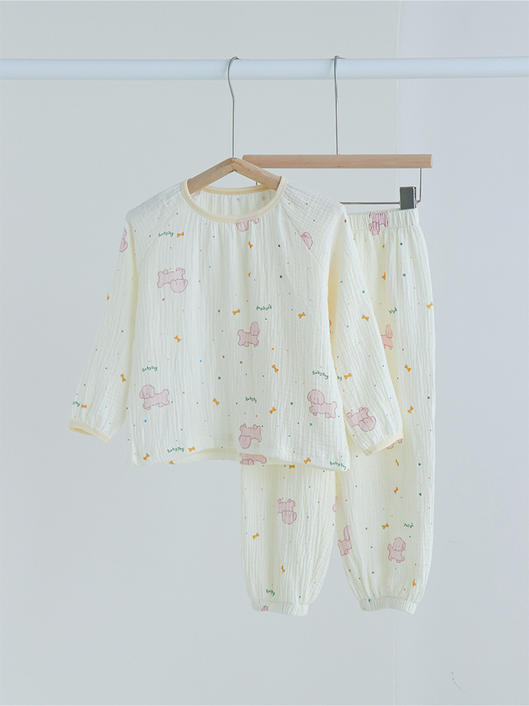 Picture of 2024 Children's Air-Conditioned Home Clothes Double-Layer Cotton Yarn Pajamas for Boys and Girls Pure Cotton Spring and Summer Thin Nefty Long-Sleeved suit