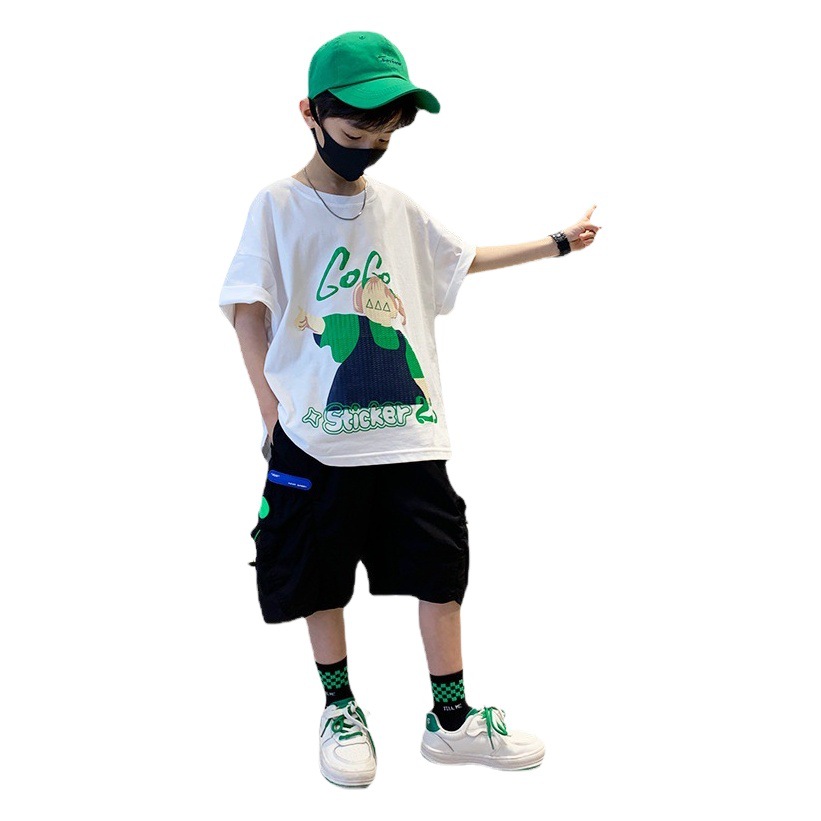 Boys' Summer T-shirt 2023 New Fashionable Children's Clothing Handsome Short-sleeved Clothes for Middle and Big Children's Western Style Fried Street Children's Summer Clothes