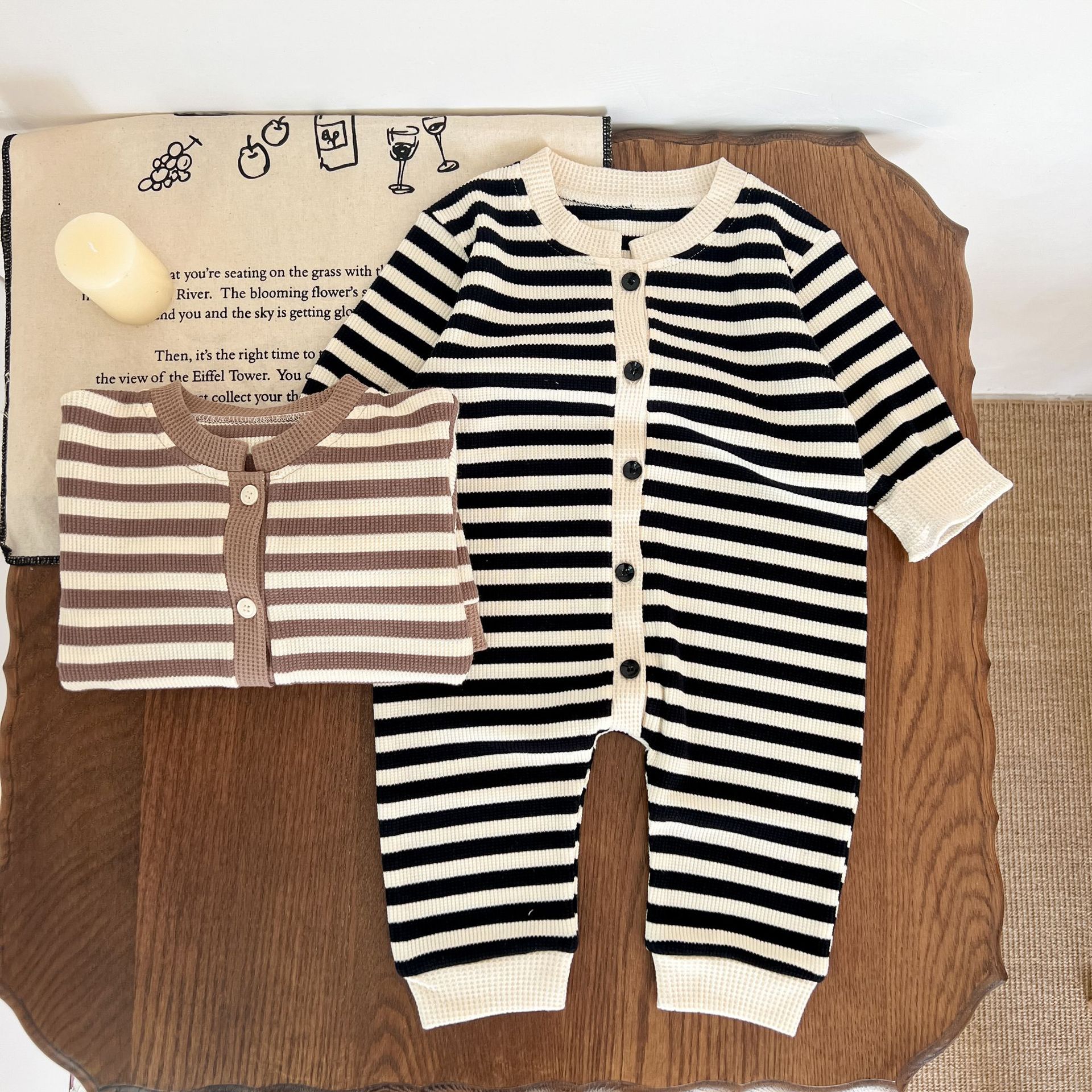 Picture of ins Korean style baby jumpsuit autumn new color matching striped baby romper sheath long romper